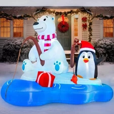 Christmas Polar Bear Penguin Fishing Gift Box Airblown Inflatable Decor Blow Up