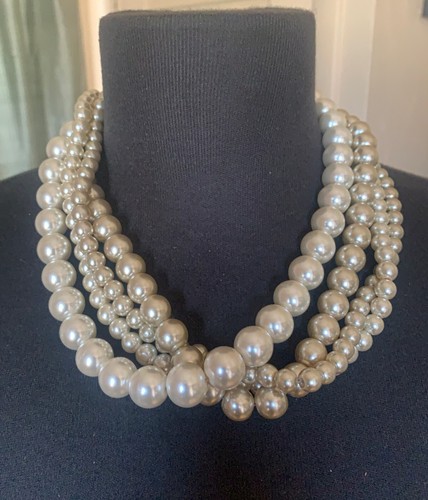 Vintage Faux Pearl Layered Multi-Strand Twisted Statement Necklace 16-19" - 第 2/5 張圖片
