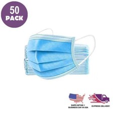 50 Blue Disposable 3-Layer FACE MASKS Protective Covers Germs PPE Protection