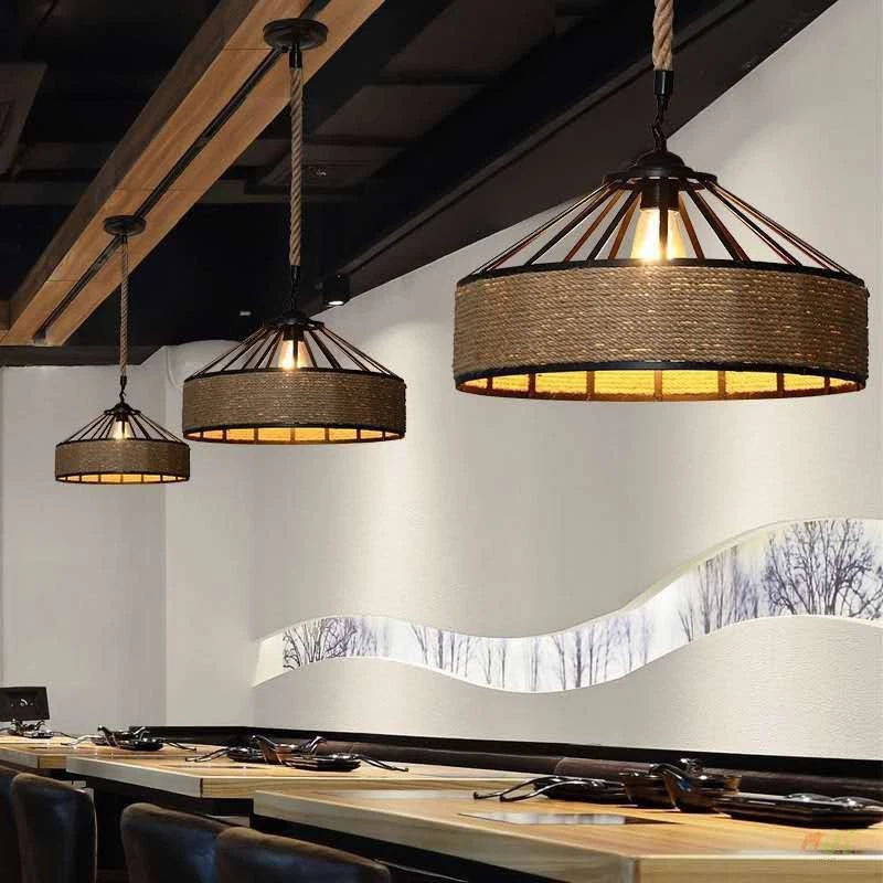 Retro Hemp Rope Pendant Lamp LED Restaurant Chandelier Shop Ceiling Lights - Image 3 of 4