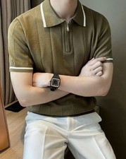 Men's Short Sleeve Zip Collared Polo Shirt, White Khaki, Contrast Trim, 1/4 Zip