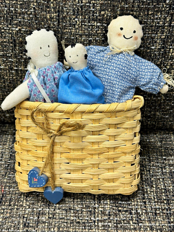 Vintage Primitive Cloth Doll Family Basket Signed CG '87 Handmade Folk Art Decor