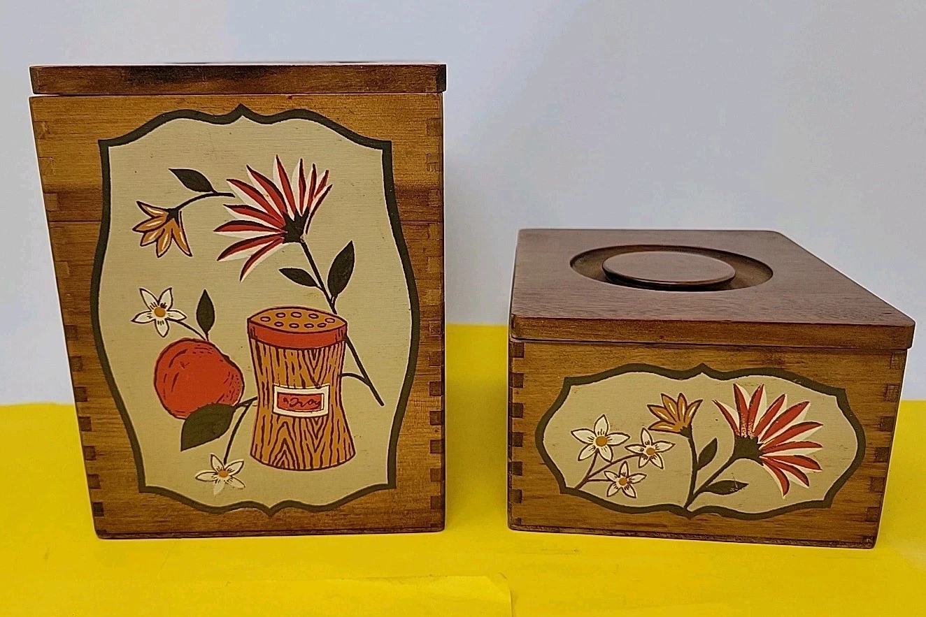 Vintage Woodpecker Products 2 Kitchen Canister Wooden Dovetail Floral MCM Japan