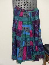 Phool Patchwork Crinkle Cotton Bohemian Long Skirt M Multicolor Elastic Waist