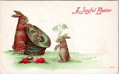 Joyful Easter- Rabbit Magician Pulls Rabbit out of hat - c1907-1915 d/b Postcard