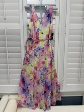 Zara Multicolor Floral Chiffon V-Neck Maxi Dress Tie Accent Zip Closure 6