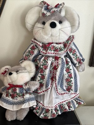 Vintage Plush Mouse With Baby Country Cottage Core Dress Noble Heritage 14 
