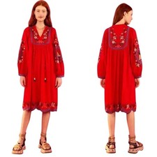 FARM RIO Red Embroidered Cross Stitch Long Sleeve Linen Midi Maxi Dress Size XS