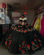 Red Roses Embroidery Black Mexican Quinceanera Dress Ball Gown Sweet 15 16 Dress