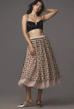 Maeve Bow Tulle Midi Skirt Womens Large Pink Black NEW Anthropologie A-Line 4120