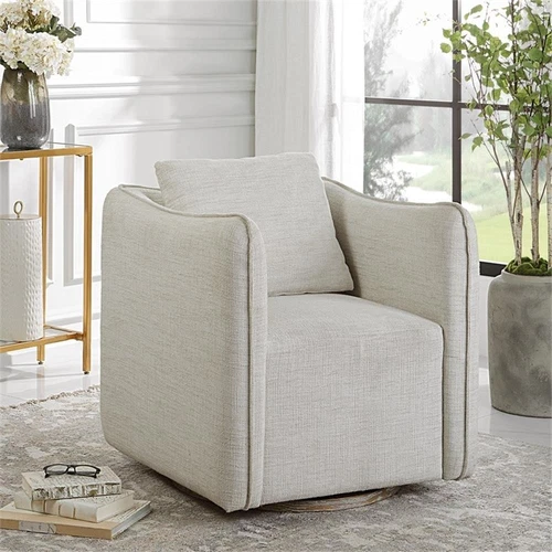 Uttermost Corben Farmhouse Wood and Fabric Swivel Armchair in Off White - Picture 3 of 10