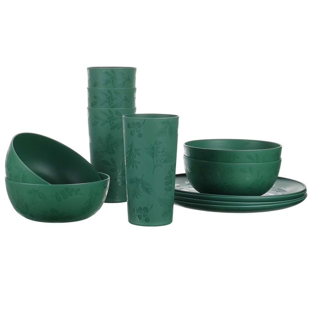 12-Piece Plastic Etched Holly Dinnerware Set, Green