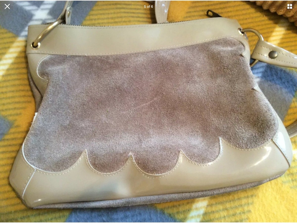 Beige Suede Patent Faux Leather Shoulder Bag Made In Italy