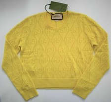    Authentic GUCCI Yellow GG PERFORATED 100 WOOL CROPPED Sweater Top L