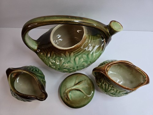 McCoy Aladdin "Daisy" Teapot with Creamer and Sugar 1940's Brown Green USA - Picture 2 of 19