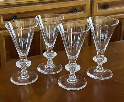 Steuben Monogram Glass Crystal 7737 Water Goblet Glasses 7 1/4  Tall Set of 4