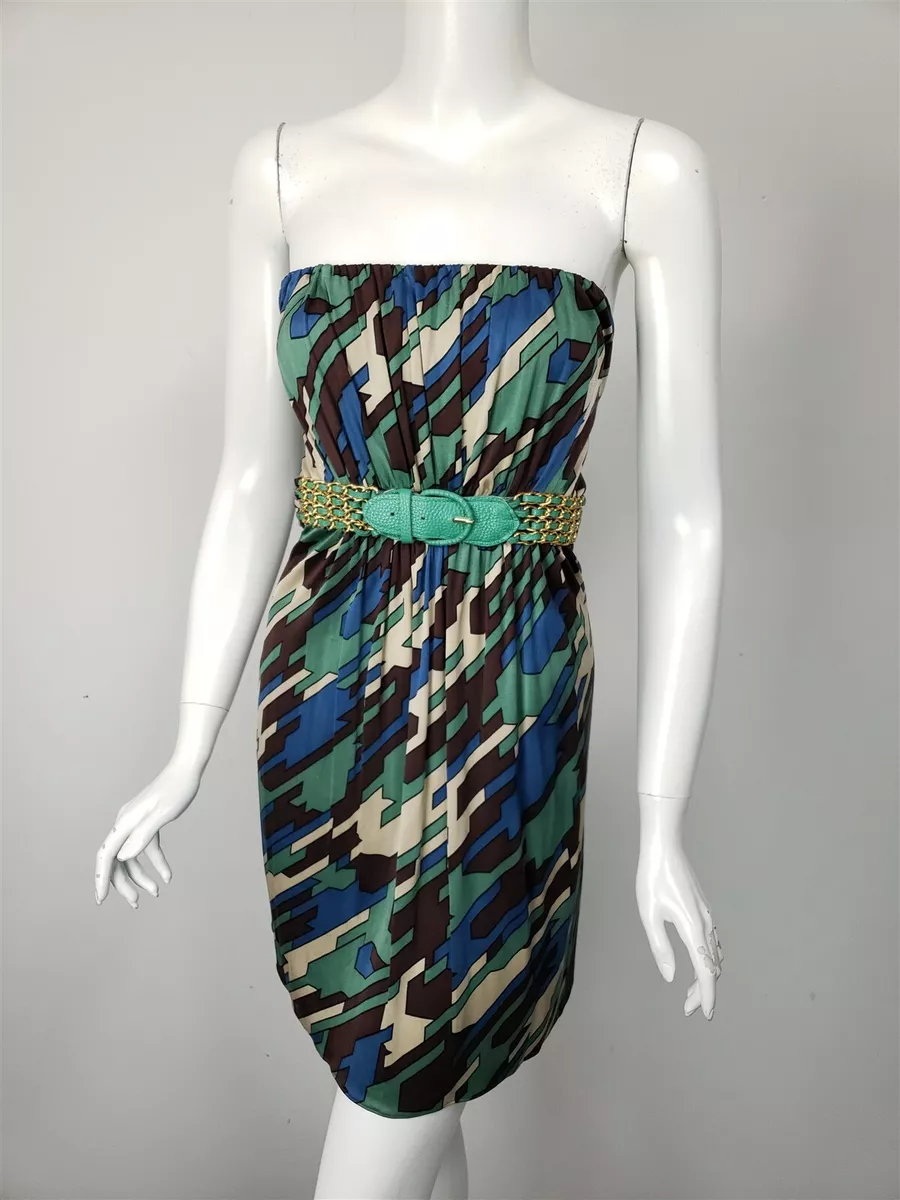 SKY Brand Dress Blue Jade Brown Geometric Print Silk Jersey Belt Detail  Mini XS