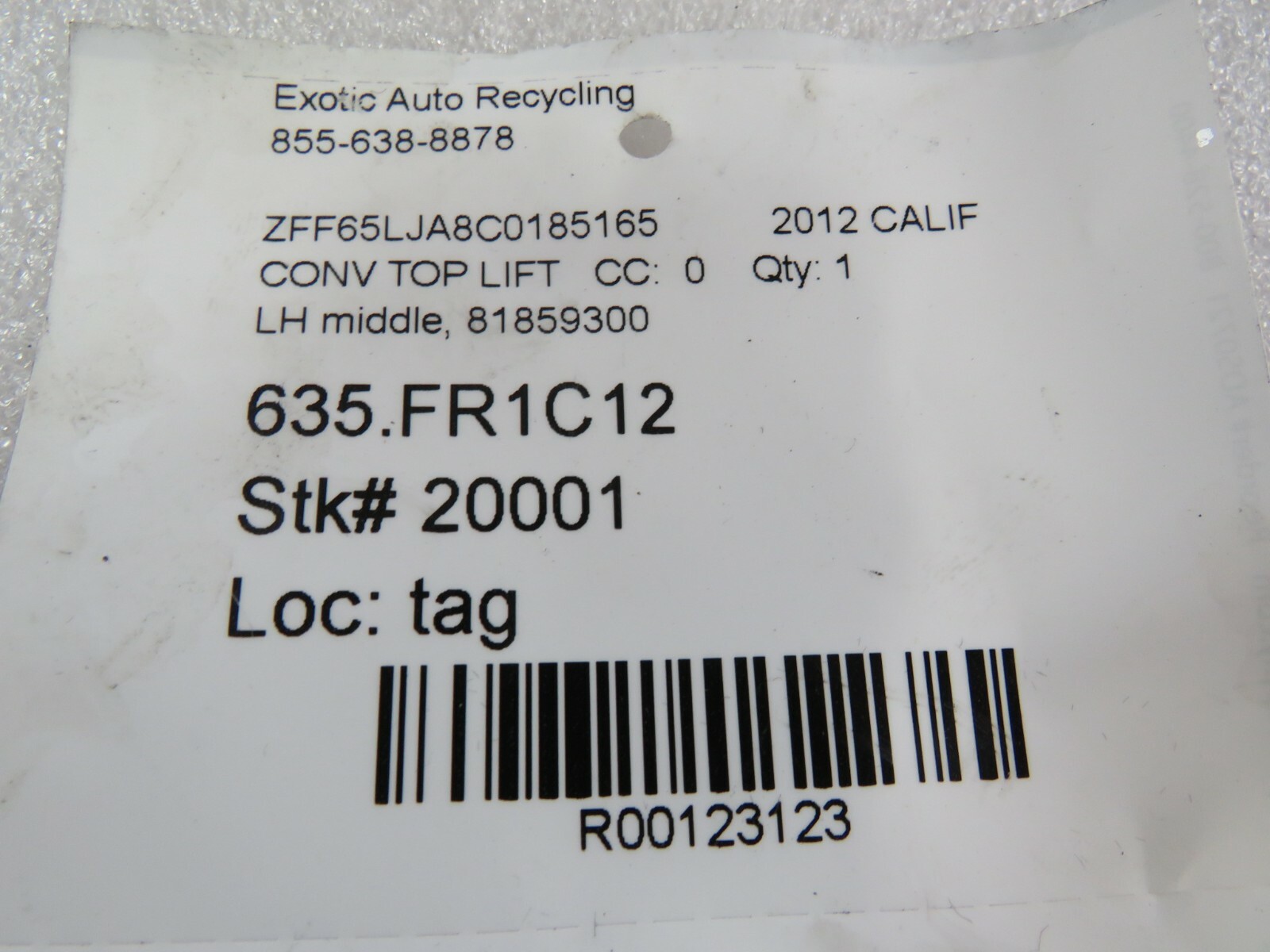 Ferrari California, LH, Left, Main Hydraulic Ram, Used, P/N 81859300