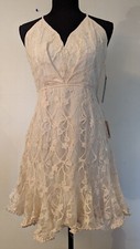 New Lulus sz L Lacey Sheer Fit & Flare Dress sleeveless tank lined beige 4363