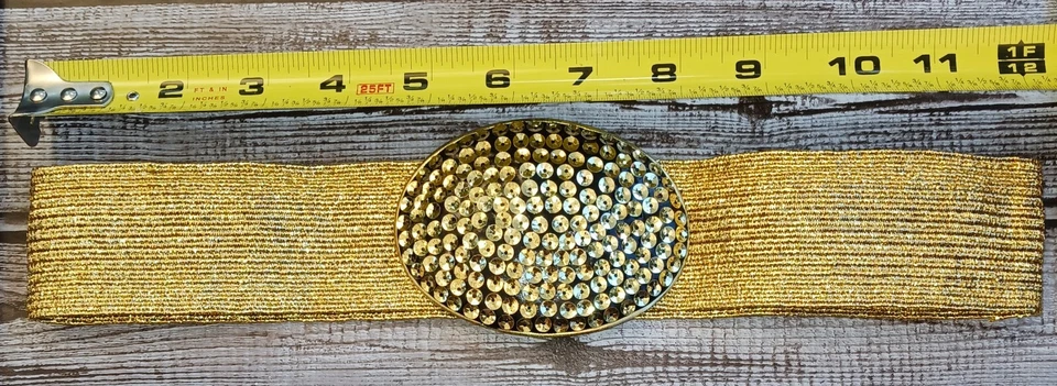 Cinturón elástico vintage años 80 lentejuelas doradas metálico tono dorado cierre de gancho 24"  Foto 3 de 3