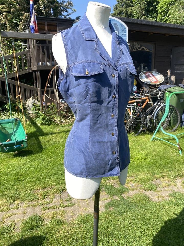 SIZE 10 VINTAGE 90s BLUE PURE 100% SILK BLOUSE SLEEVELESS ORANGE TRIPLE STITCH - Image 2 of 4