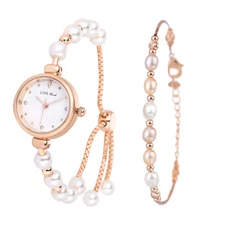 Women's Ladies Pearl Quartz Wrist Watch Bracelet Set Stainless Steel Adjustable