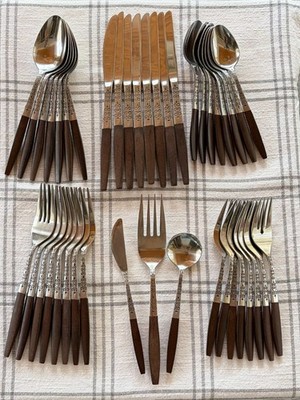 Vintage MCM Interpur INR2 Stainless Steel Faux Wood Handle Flatware 42 Piece Set