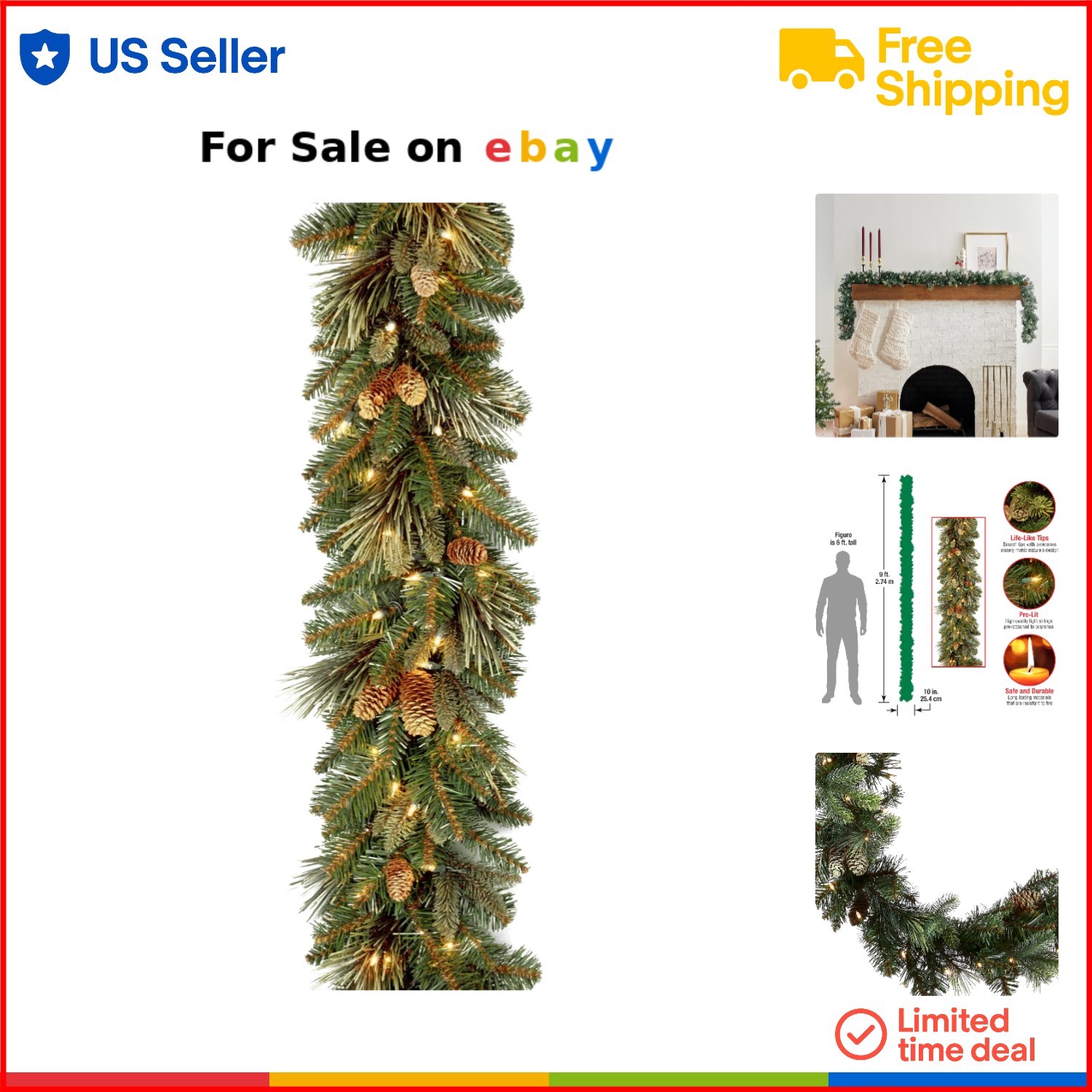 Artificial Pine Garland 9ft Pre-Lit Christmas Decor with Pinecones & 100 LEDs