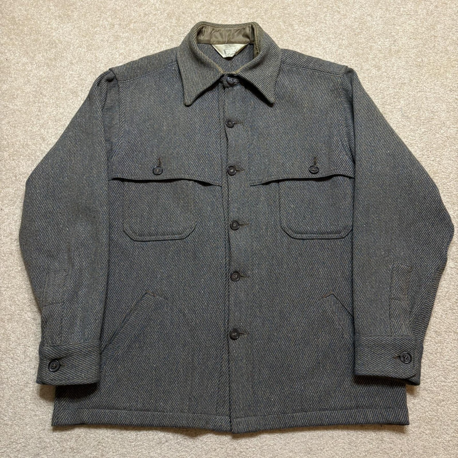 Vtg 70s Woolrich Mackinaw Shirt Jacket Mens Large Gray Wool Herringbone Cruiser