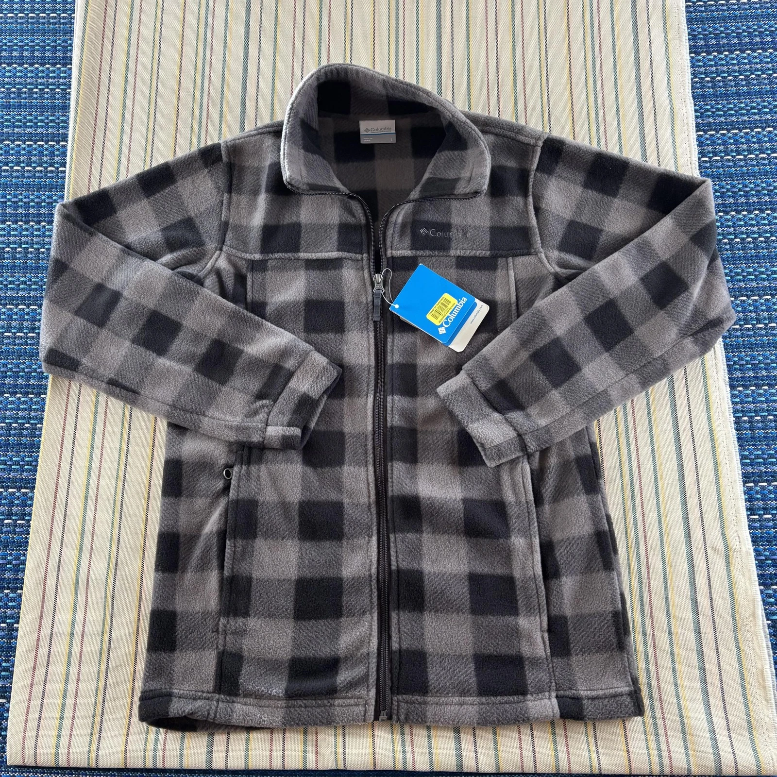 Columbia Jacket Boys Large Gray Black Fleece Full Zip Plaid Outdoor Layer New