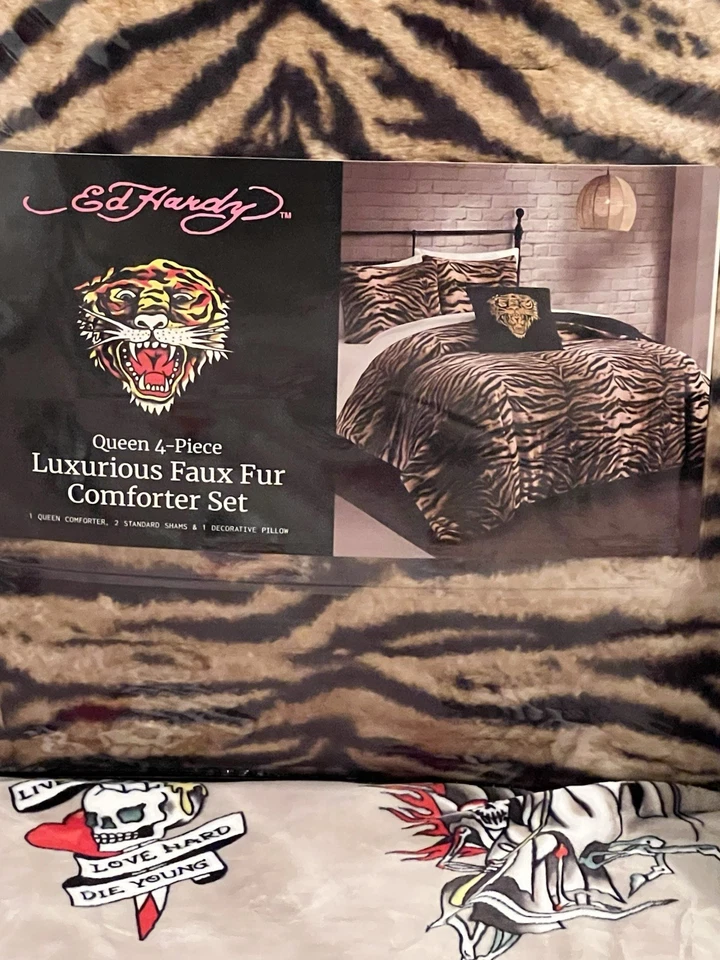 Ed Hardy 4pc Queen Faux Fur Tiger Print Comforter Set w/6pc Blk Satin Sheet Set - Image 2 of 4