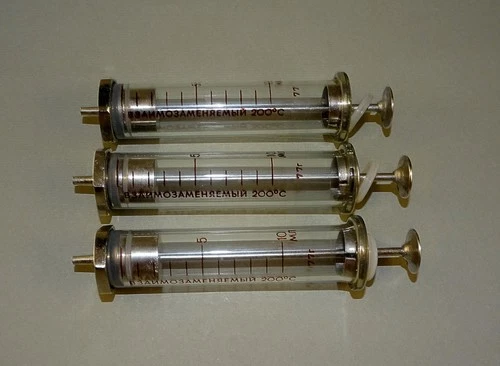Set of 3 Vintage Old Bulgarian Medical Brass / Glass Syringes 10ml NOS w/out box