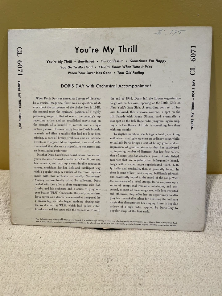 1949 You're My Thrill Doris Day Bewitched Columbia CL 6071 10" 33RPM LP  - Image 3 of 4