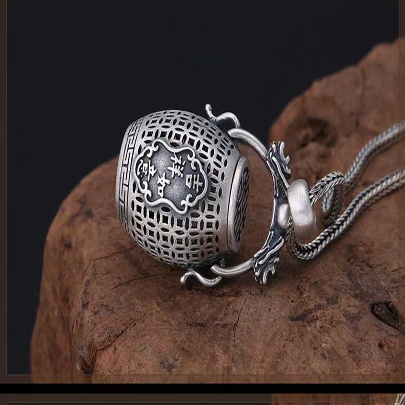 Double Happiness Lucky Ghau Box Pendant Openable Amulet Necklace Vintage Chinese