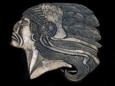 TA11123 VINTAGE 1970s CHIEF JOSEPH INDIAN ART BRASSTONE BELT BUCKLE