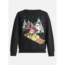 Disney Mickey Mouse Skiing Graphic Sweatshirt Black Crewneck Holiday Pullover