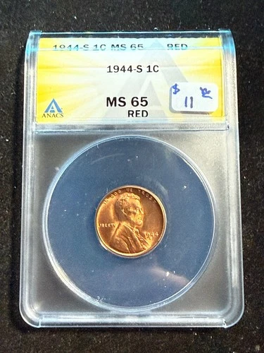 1944 S LINCOLN WHEAT CENT ANACS MS 65 RED 207