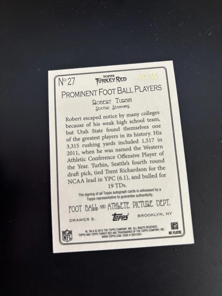 2012 Topps Turkey Red Robert Turbin RC Auto /50 - Image 2 of 3