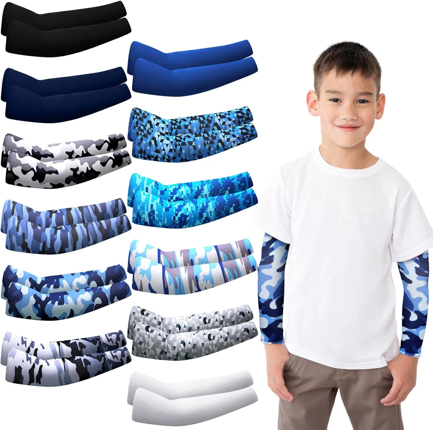 Xuhal 12 Pairs Arm Sleeves for Kids Baseball Compression Sleeve Camouflage UV