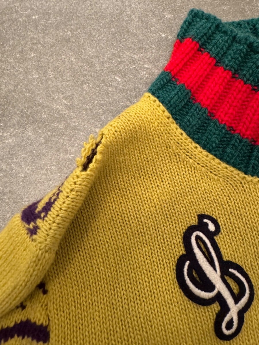 GUCCI Cat Appliquéd Yellow Wool Web Striped Sweater Size Xs