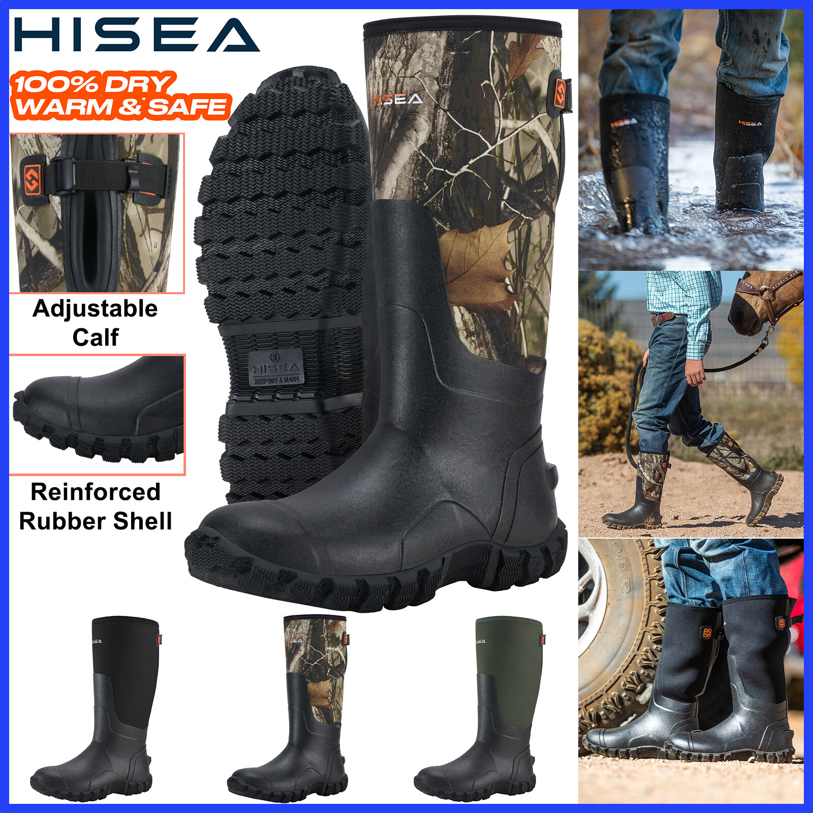HISEA Men's Rain Boots Adjustable Calf Waterproof Hunting Fishing Mud Work Boots