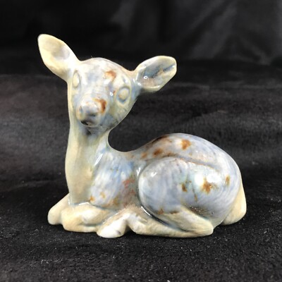 Ceramic Baby Deer Fawn Figurine Blue Brown Glaze Signed Ineke Pearson