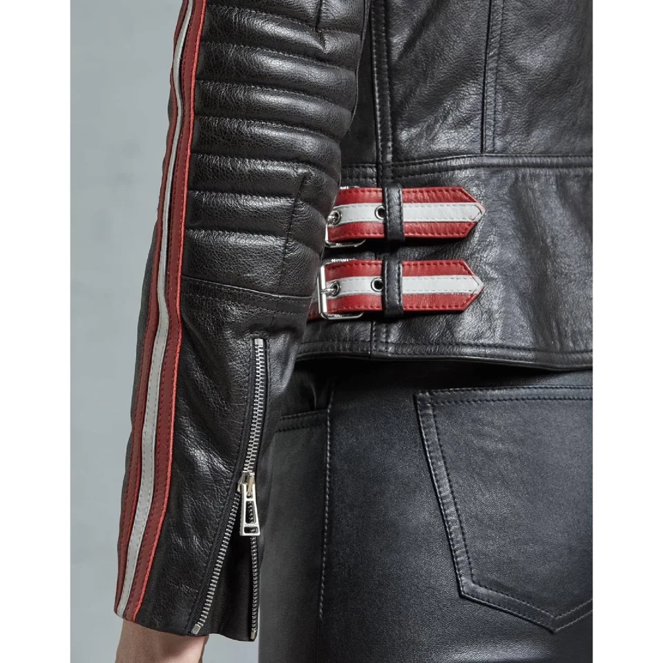 Women's Leather Jacket Retro Biker Motorcycle Genuine Lambskin Stripes Jacket - Image 2 of 4