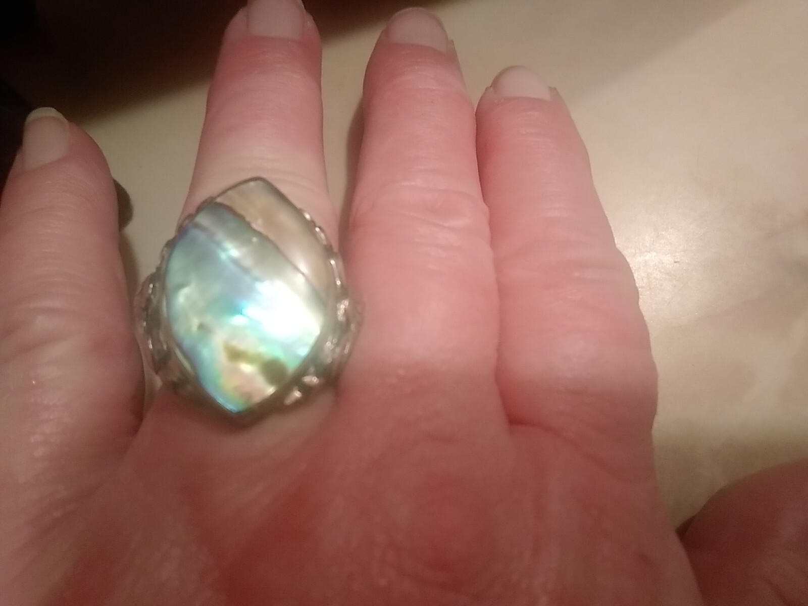 Vintage 925 Fish Abalone Shell Statement   Ring W… - image 5