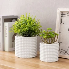 MyGift Set of 2 White Ceramic Vintage Style Hobnail Textured Flower Planter Pots