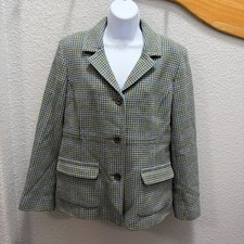 Pendleton Houndstooth Blazer Jacket Women Sz 14 Virgin Lambs Wool Blue Green
