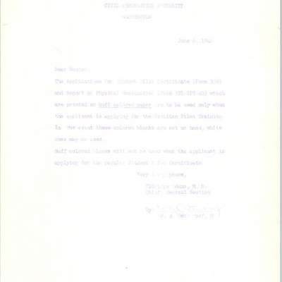 1940 Civil Aeronautics Authority Memo Student Pilot Certificate Medical CAA