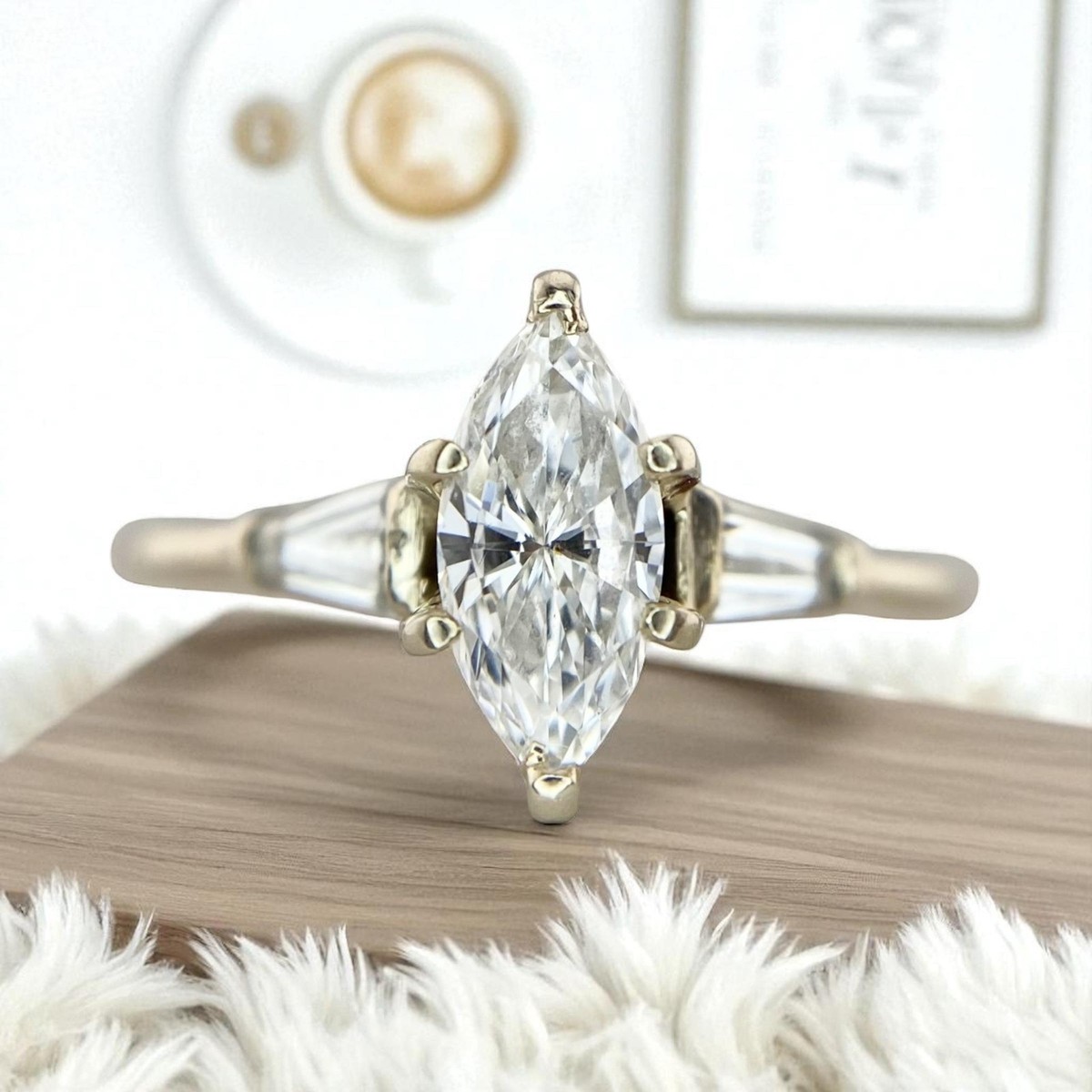 Vintage 14k White Gold Marquise Baguette Natural Diamond