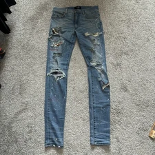 Amiri Mx1 Leather Patch Authentic Size 31 Patchwork Paint Distressed Denim Jeans