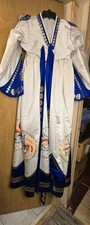 Vtg Korean Traditional Hanbok Dress Set White Royal Blue Gold w/Booties  Hanky